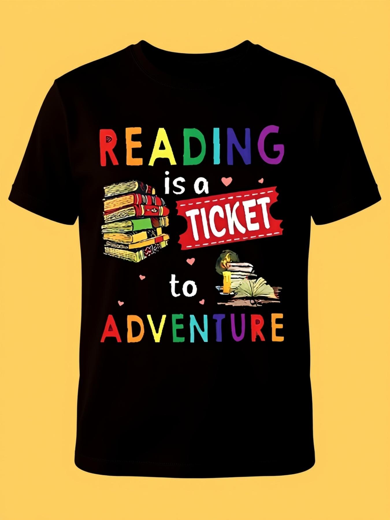 

READING Is a TICKET to ADVENTURE Graphic Print T-shirt, Short Sleeve Crew Neck Casual Top for Summer & Spring, Women s Clothing 5XL різнокольоровий
