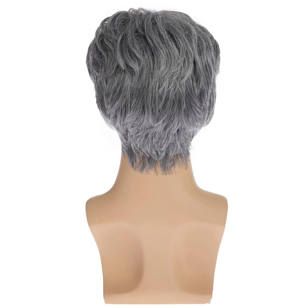 Middle-Aged Men's Side-Part Textured Wig, Grey Short High-Temperature Fiber Hairpiece