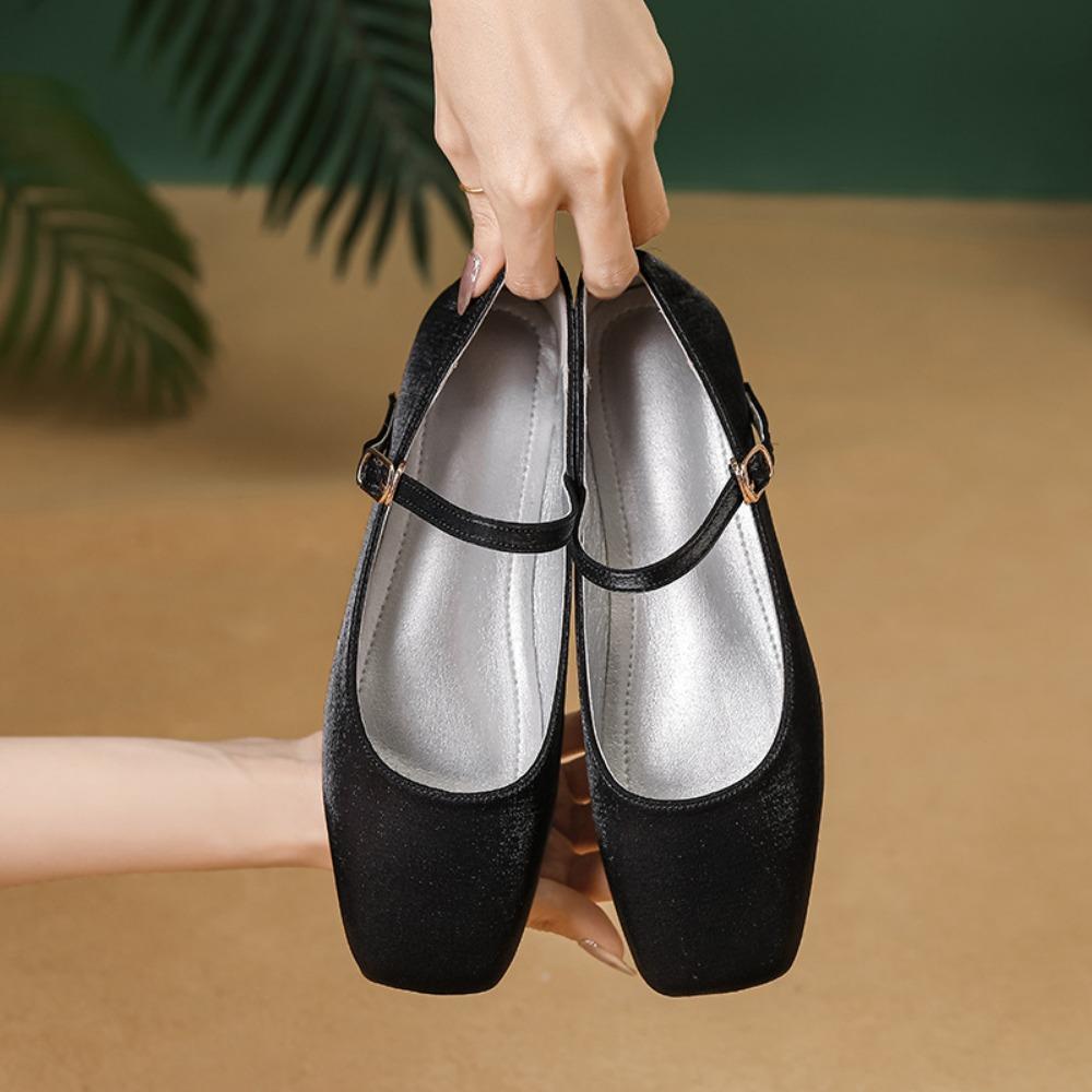 Flats Shoes Women Square Headed Flat Bottomed Mary Jane Shoes 2025 New French Retro Silk Single Shoes for Women Zapatos Mujer