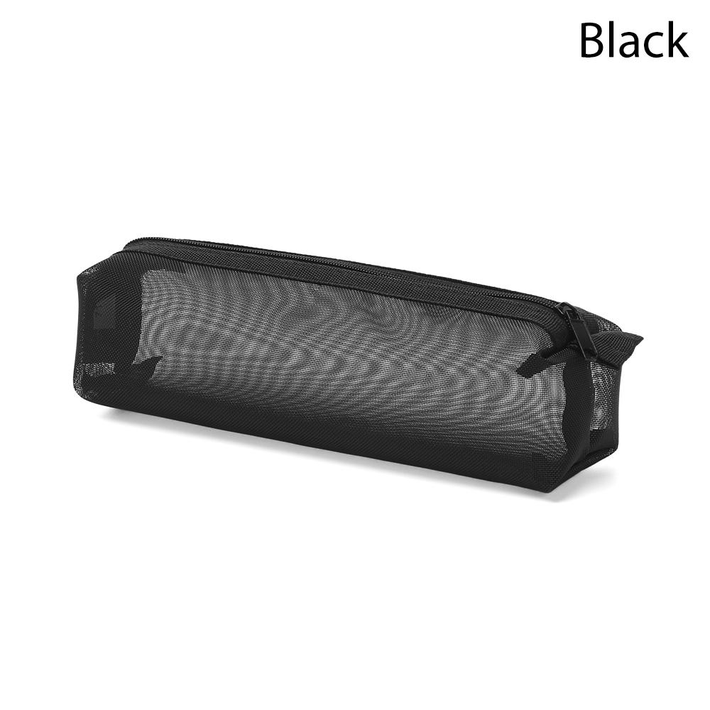 Black/White Simple Transparent Grid Zipper Pencil Case Solid Color Cosmetic Storage Nylon Mesh Pen Bag Stationery Storage Tool