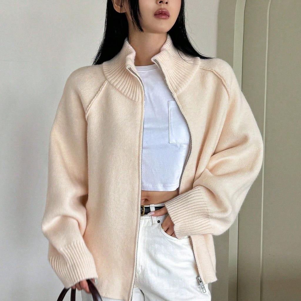 Solid Stand Collar Zip Knitted Cardigan Top Sweater Jacket
