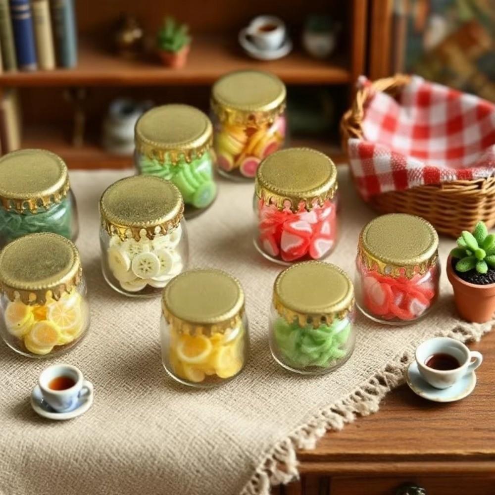 10pcs Cute Mini Glass Bottle DIY Kitchen Model Glass Jar with Golden Caps Miniature Figurines Home Decor