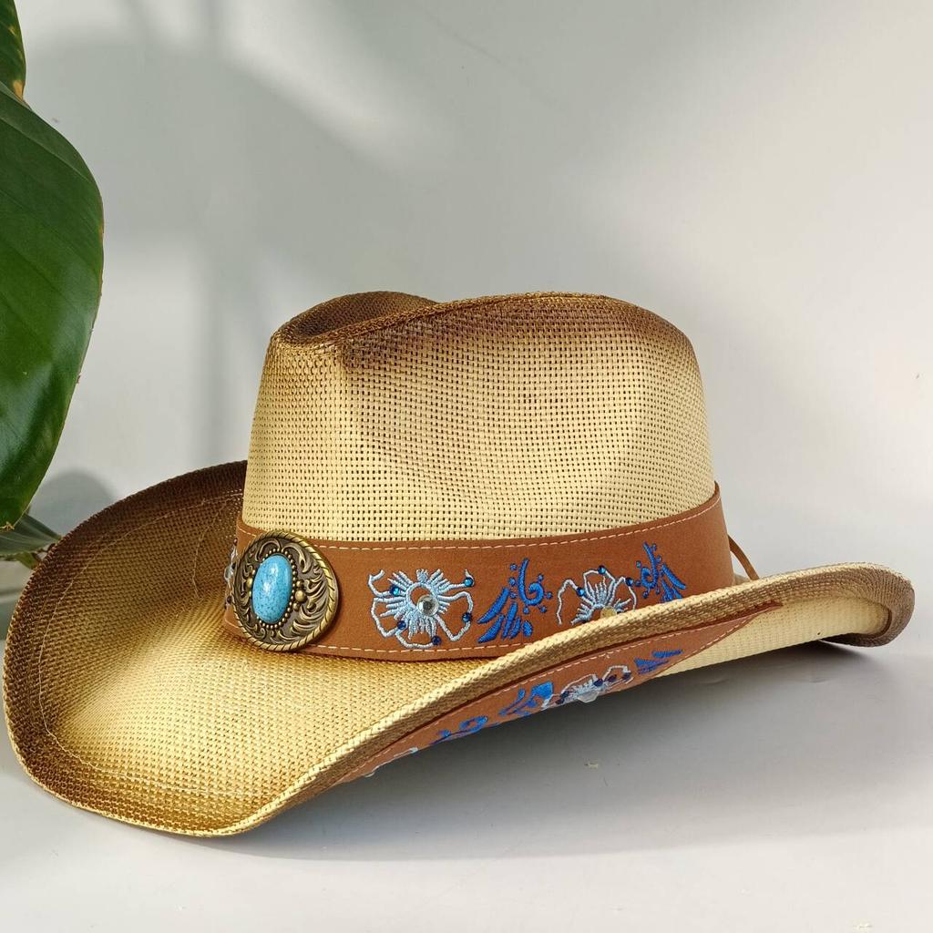 Sombrero de paja estilo western para hombre con hebilla decorativa turquesa sombrero de sol de ala ancha sombrero de vaquero de playa de verano para mujer