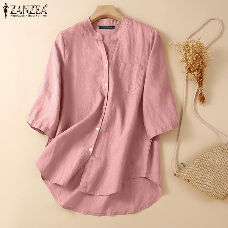 

ZANZEA Летняя повседневная свободная хлопковая блузка с v-образным вырезом и рукавами 3/4