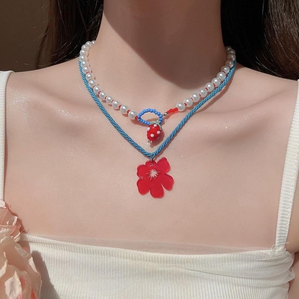 2pca Strawberry Pendant Braided Rope Necklace Layered Simulated Beads Chain Flower Necklace Summer