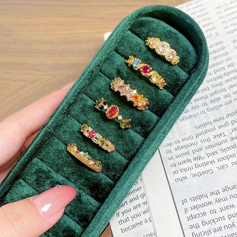 Medieval Vintag Dopamine Color Full Diamond Zir*****Pen Ring Niche Light Luxury High Sense Stacked Ring Woman
