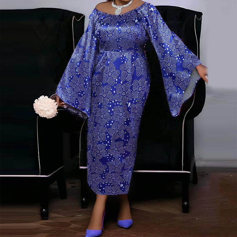 

Женские осенние платья с открытыми плечами, расклешенные, с длинными рукавами и цветочным принтом 4XL синий