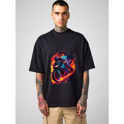 Crewneck T Shirt White Motorcycle Rider with Flame Design for Casual Wear