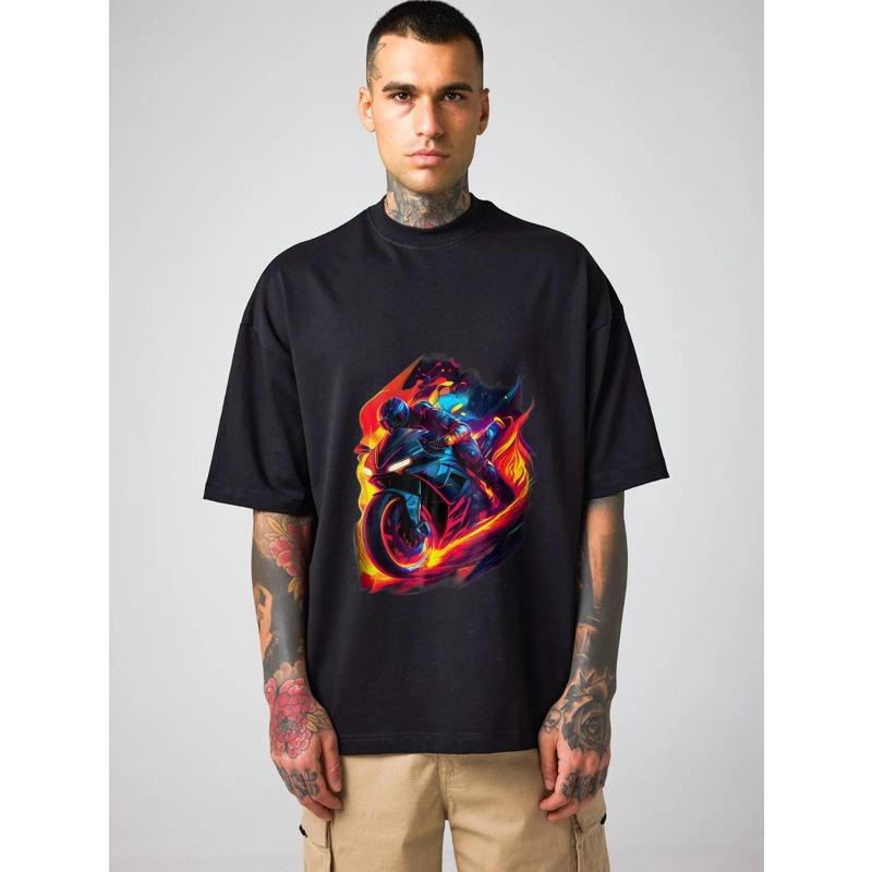 

Crewneck T Shirt White Motorcycle Rider with Flame Design for Casual Wear XXXXL чёрный