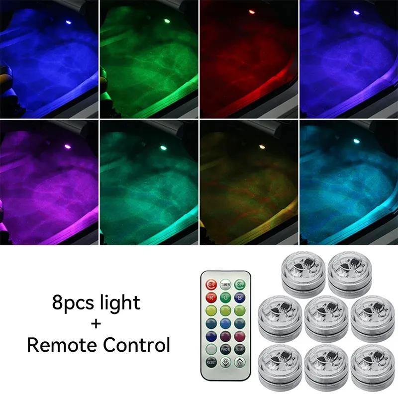 Luce Ambientale LED Adesiva Wireless per Interni Auto Telecomando Decorazione Lampada Atmosfera Tetto Auto Piedi con Batteria Colorata