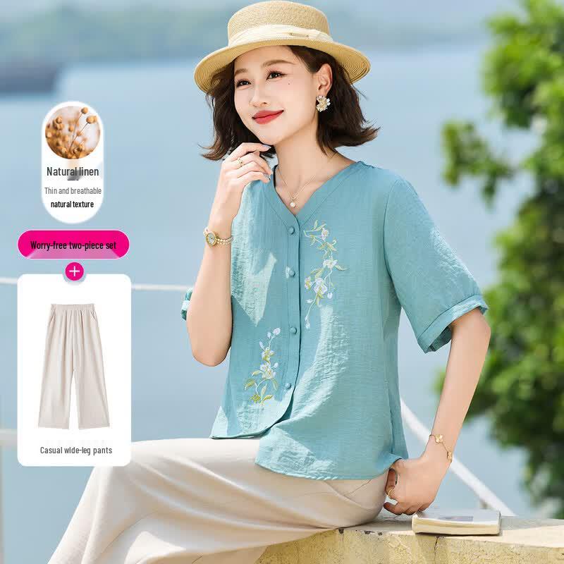 KAVON Women s Embroidered Linen Blend V-Neck Top & Wide-Leg Pants Set 3XL