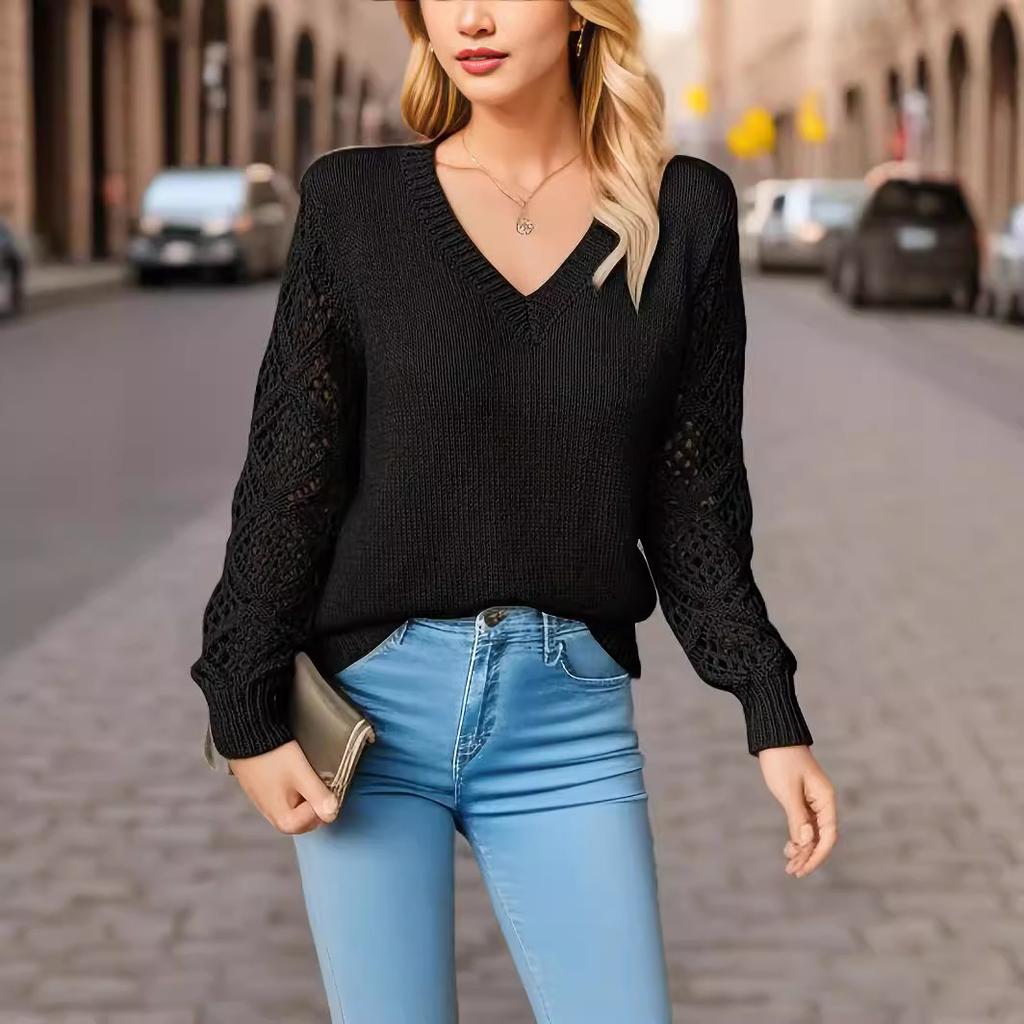 Hollow-out Knitted Sweater Women's Pullover Long-sleeved Crochet Jacquard Loose V-neck Bottoming Top