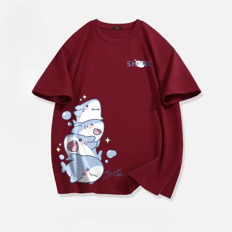 2025Summer Ice Silk Blue Top Youth Breathable Half Sleeve Large Loose Tee Men's Cute Shark Cartoon Print Short Sleeve T-shirt