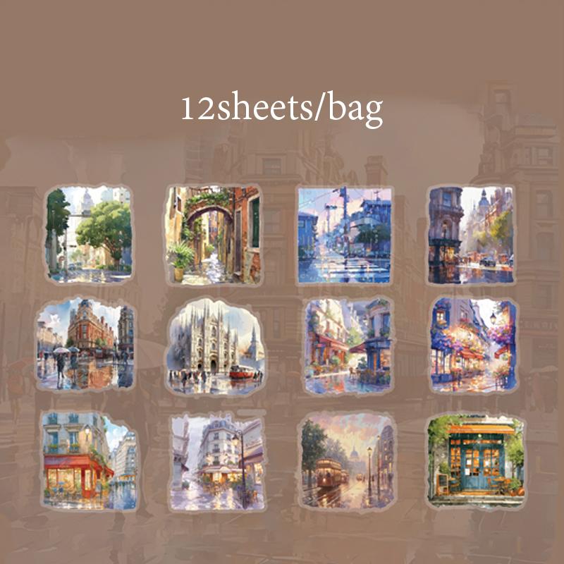 12pcs/bag PET Sticker Pack Romantic Rainy Season Window Night View Pattern Atmosphere Stickers DIY Envelope Gift Memo Decoration