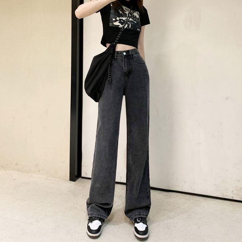 Black and Gray High-waisted Wide-leg Jeans Women's Autumn Clothing New Thin and Drape Straight Mopping Pants Spice Girl Tide