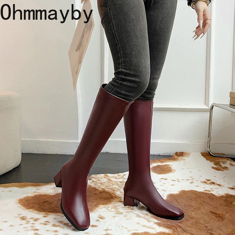 Autumn Winter Thick Heels Woman Knee High Boots Fashion Square Toe Party Dress Shoes Female Vintage Long Booties  De Muje