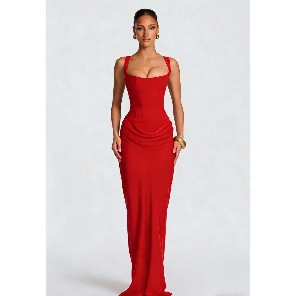 Women's Square Neck Sleeveless Solid Color Maxi Dress Mid Waist Bodycon Party Dress