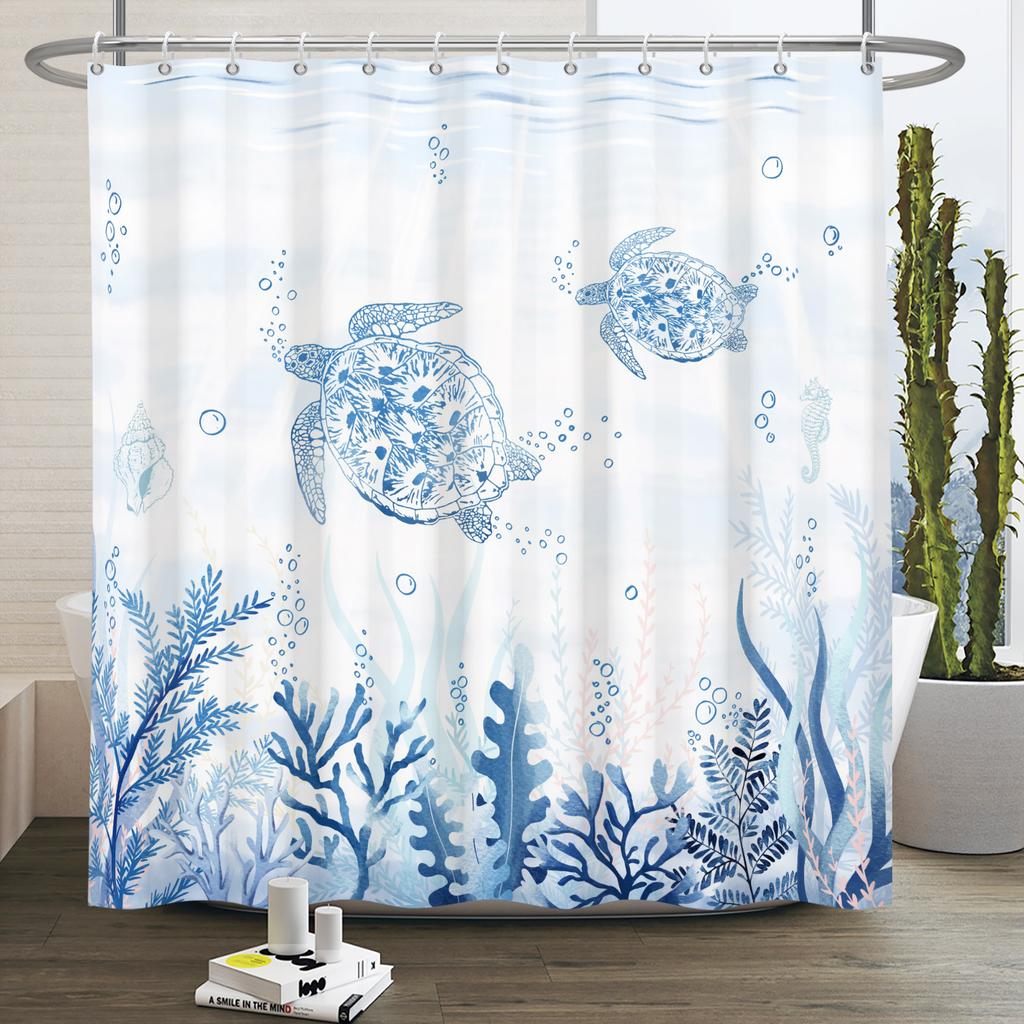 Marine Life  Shower Curtain Turtle Shells Starfish Anchor Ocean Style With Hooks Bathroom Decor Curtain Waterproof Sea Theme