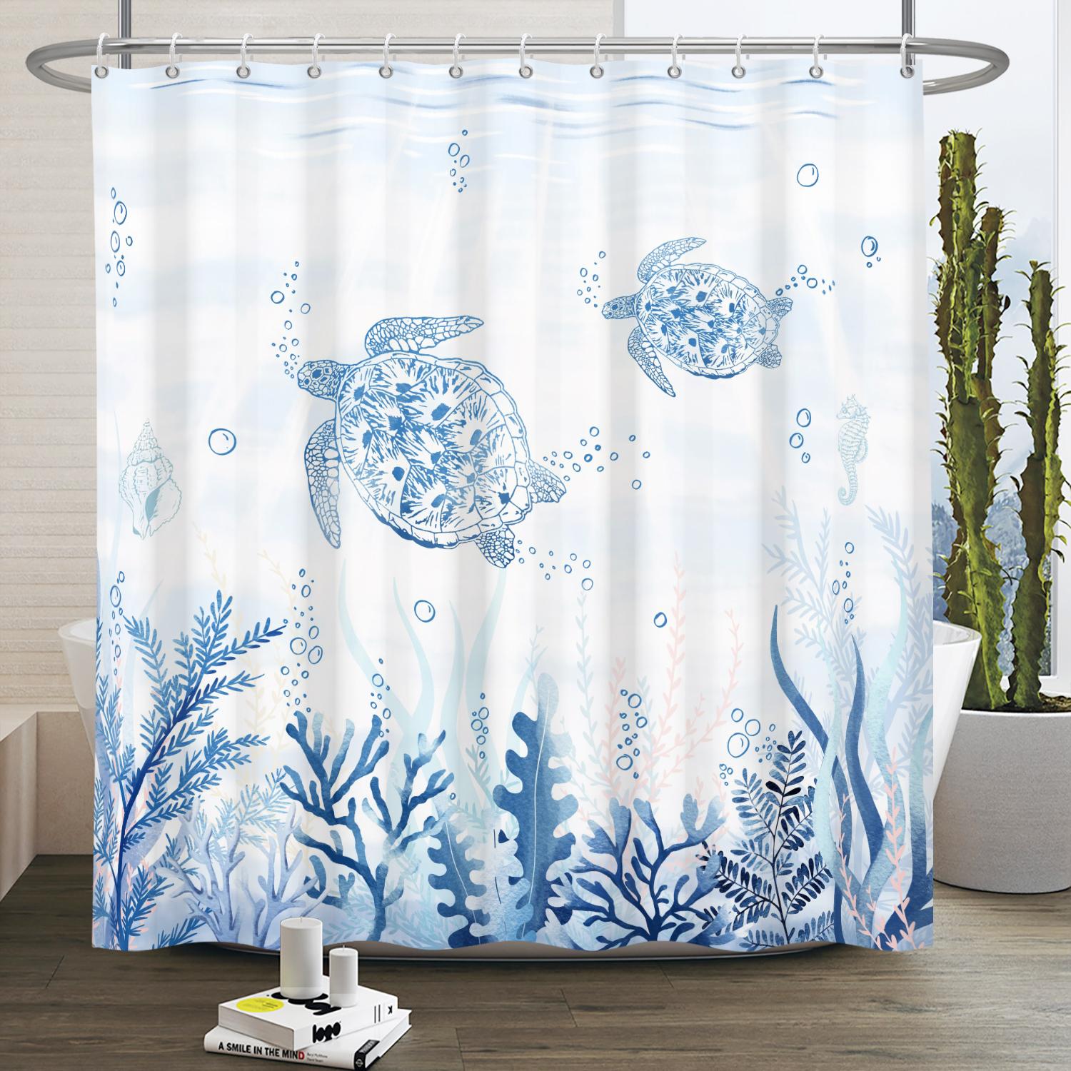 

Marine Life Shower Curtain Turtle Shells Starfish Anchor Ocean Style With Hooks Bathroom Decor Curtain Waterproof Sea Theme W90 x H180cm