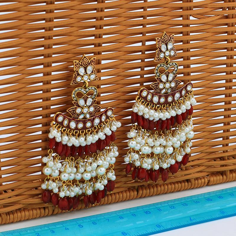 Vintage Earrings Pearl Tassel Women's Earrings Half Round Flat Beads Colorful Cool Earrings Eid Al-Fitr Lasser Bairam