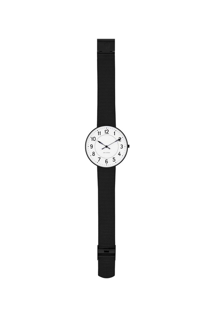ARNE JACOBSEN STATION 53412-2010, 40mm, Design Nórdico, Resistente à Água (Design Silencioso sem Ponteiro de Segundos), BrancoPreto, Pulseira de Malha