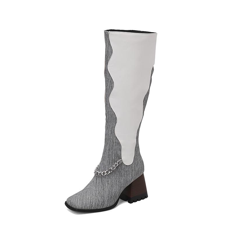 Hochwertige Lederstiefel für Damen Mode Dicke Hohe Absätze Kette Reißverschluss Kniehohe Stiefel Rutschfest Gemütliches Filzfutter Damenstiefel