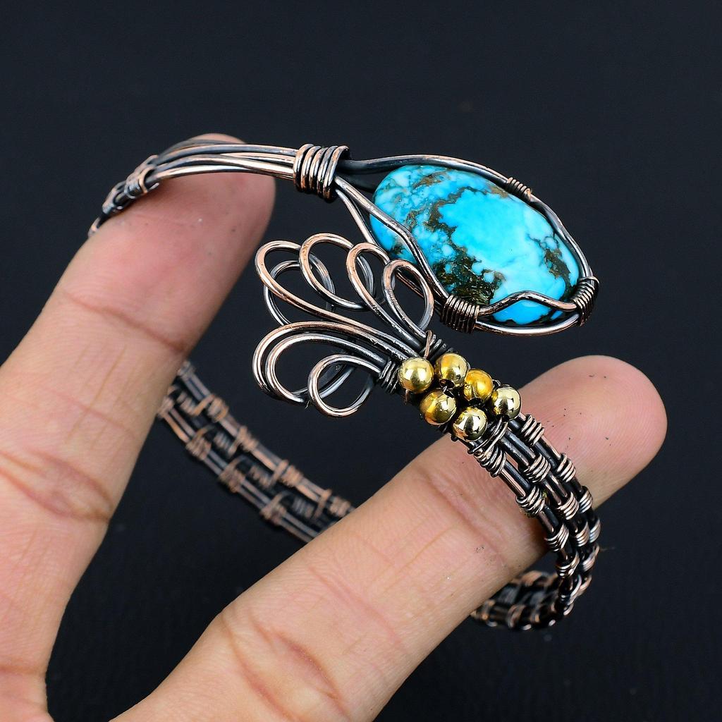 Tibetan Turquoise Bangle, Handmade Gemstone Bangle, 999 Copper Wire Wrapped Antique Jewelry, Gift For Love