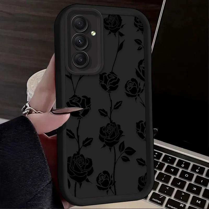 Black Flower Phone Case For Samsung Galaxy S25 S24 S23 Plus S22 S21 Ultra 24 FE Plus A15 A35 A54 A55 5G Shockproof Soft Cover