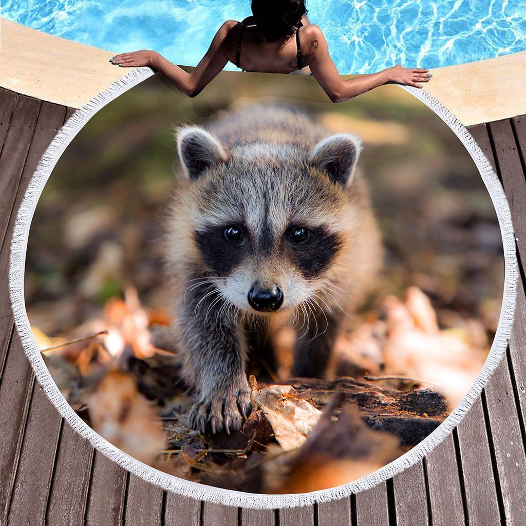 Wild Animal Raccoon Round Beach Towel Soft Microfiber Beach Blanket Sand Free Quick Dry Circle Bath Towel Absorbent Yoga Mat