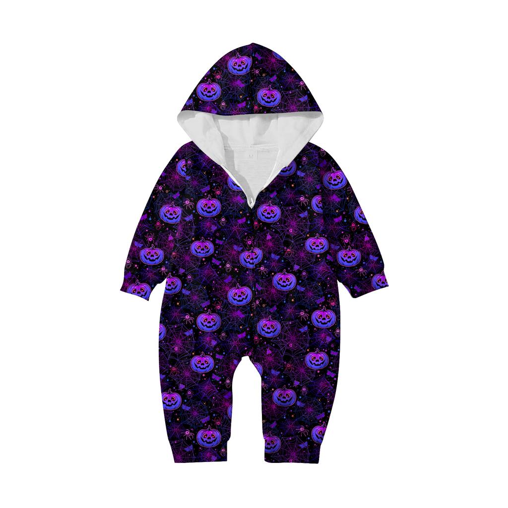 Halloween Printed Family Matching Hooded Long Sleeved Zippered Hooded Jumpsuit Set