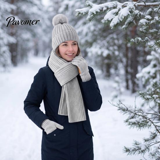 Fashionable Vertical Stripe Knitwear Winter Hat Scarf Gloves Set, Knitted with Pompom, Touch Screen Gloves, Cold Weather Essential Set Warm