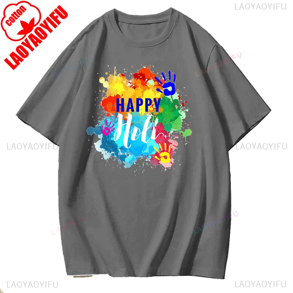 Holi Celebration Graphic TShirt Spring 2025 Streetwear Short Sleeve Unisex Fashion for Youth Adults Hindu Festival of Colors