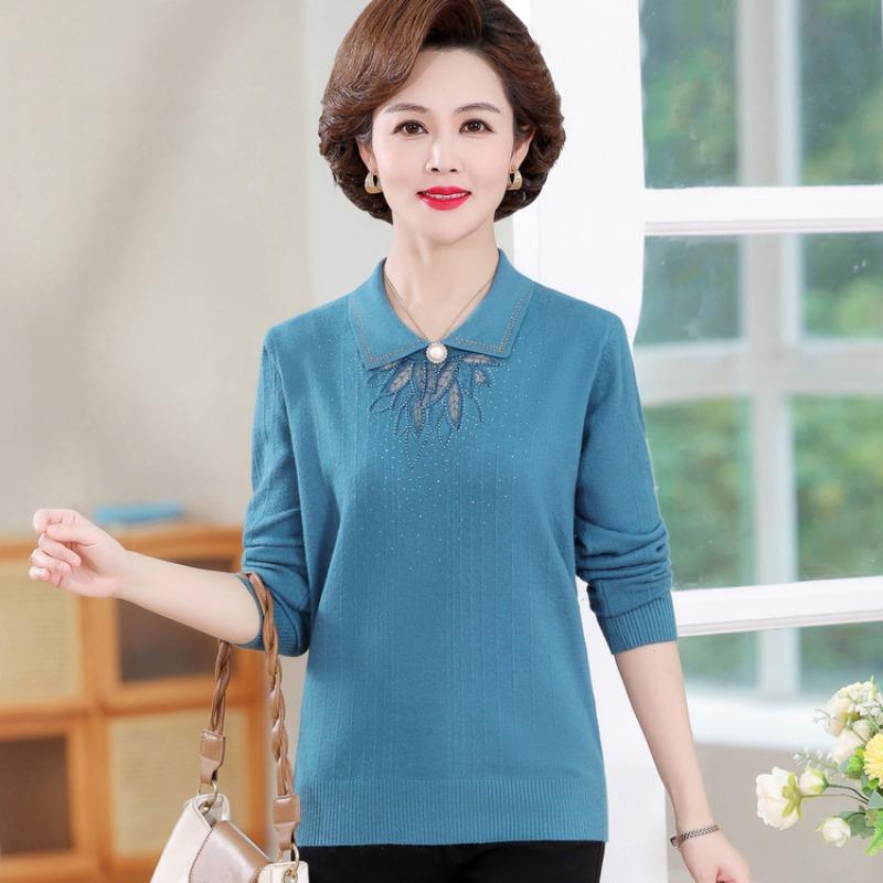 Mom Spring Long-sleeved Top Chinese Manual Translation Collar Knitted Sweater Middle-aged and Elderly Grandma Women's Spring and Autumn Casual Sweater