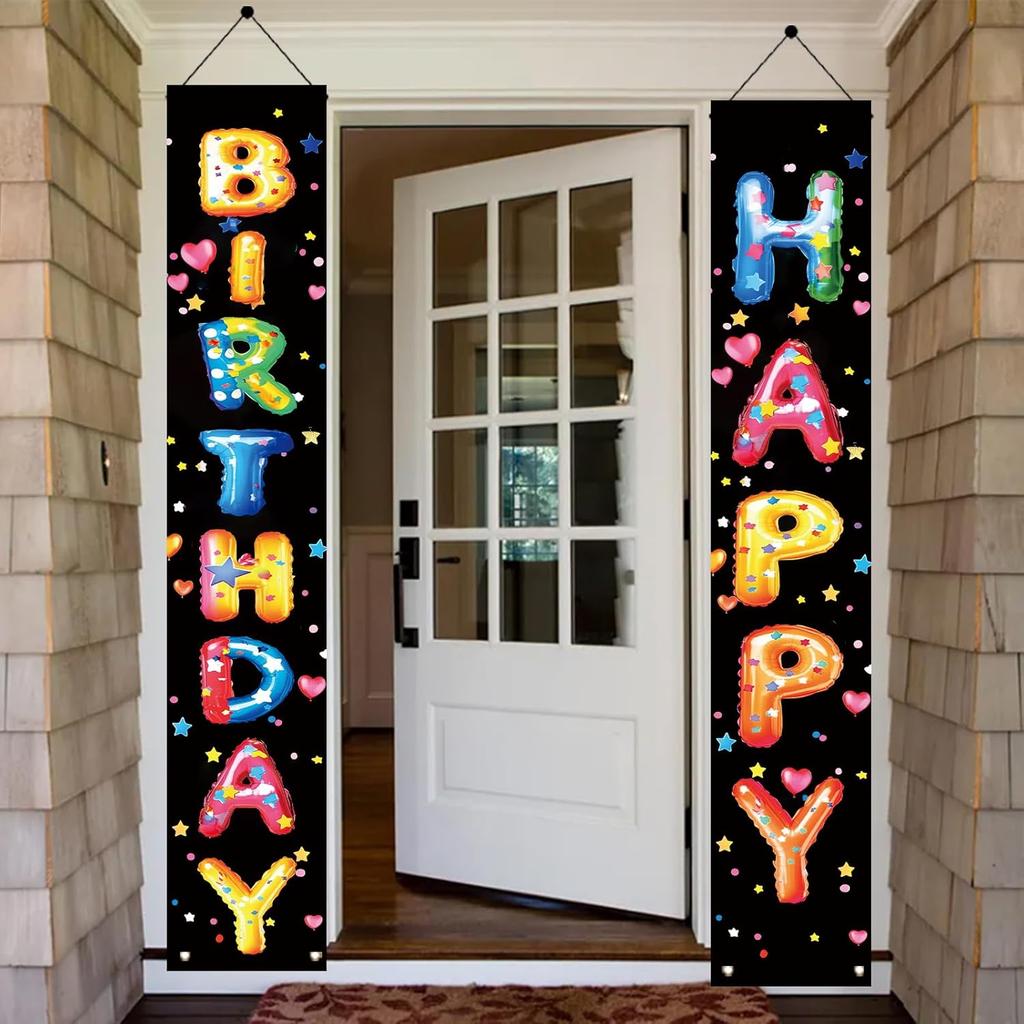 2PCS Happy Birthday Porch Hanging Banner Porch Sign Colorful Balloon Letters Party Decorations Birthday Party Supplies Door Banner Wall Hanging for