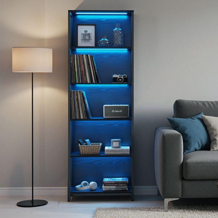 Bibliothèque sur 6 Niveaux, avec LED , Étagère Réglable, Cadre en Acier, pour Salon, Chambre, Bureau, Noir