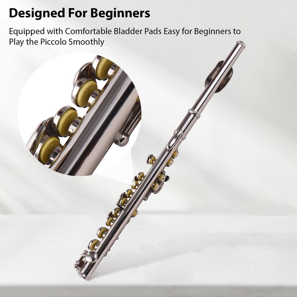Piccolo Instrument White Copper Nickel Plated C Key Piccolo Flute for Beginners Students with Hard Case Cleaning Rod Cloth and Gloves