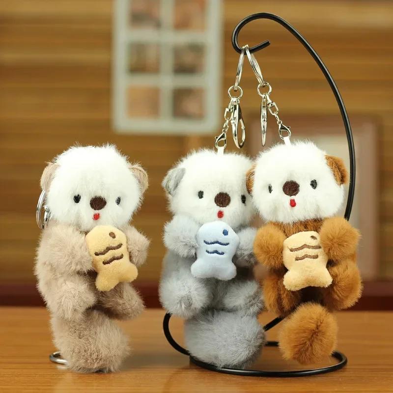 Cute Plush Otters Holding Fish Stylish Backpack Lovely Animal School Bag Key Wallet Pendant Toy Student Gift Bag Charm