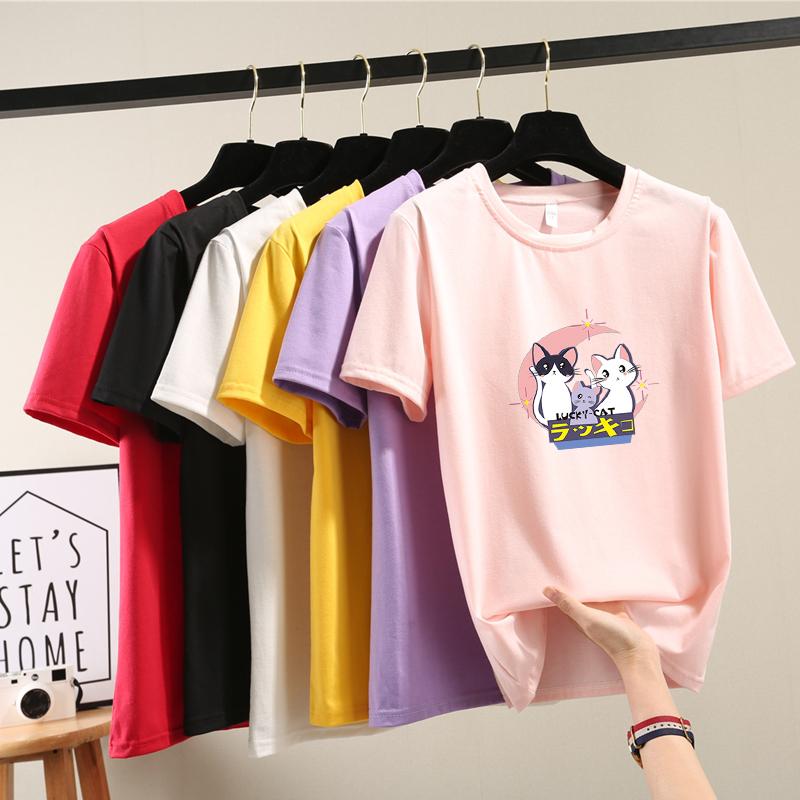 Harajuku Cute Cartoon Cat Print Short Sleeve T-shirts Women Summer Casual Loose Student T Shirt Young Girl Y2k Tops
