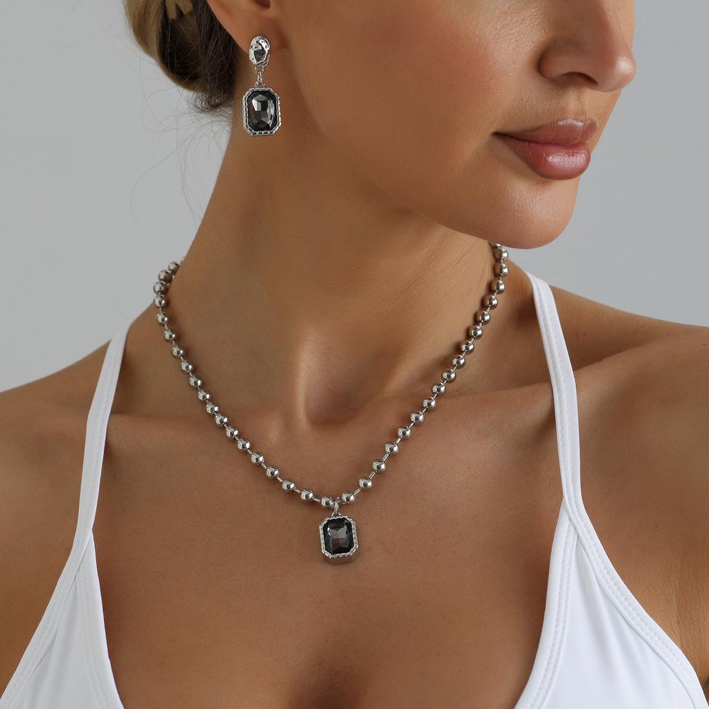 Geometric Square Zircon Necklace Set Cool Bead Chain for Women