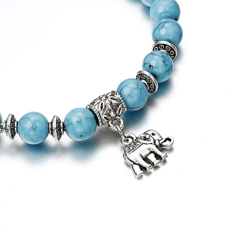 Blue Round Bead Elastic Bracelet with Elephant Charm