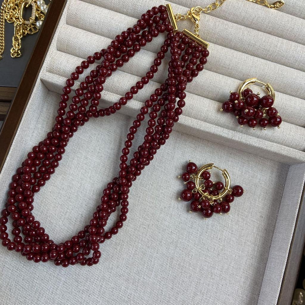 Exploding Fire Ankara Red Multi-Layer Wrap Necklace 5 Strings Side By Side Beaded Necklace Fashion Stack