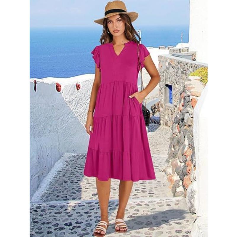 V-neck Fashion Elegant Summer Lotus Leaf Sleeve Dress Large Swing Pocket Party Dress Solid Color Casual Sweet Mid Length Splicing Dresses
