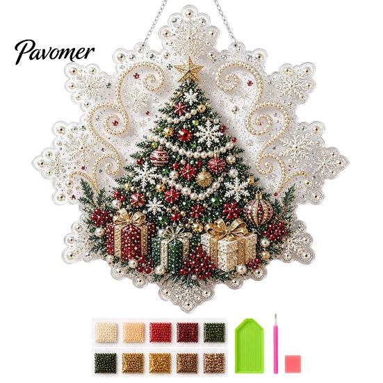 Acrylic Beaded Art Supplies Christmas Faux Pearl Painting Suncatcher Kit, Snowflake Shape Board Decorative Hanging Window with Lace Edge, 3D