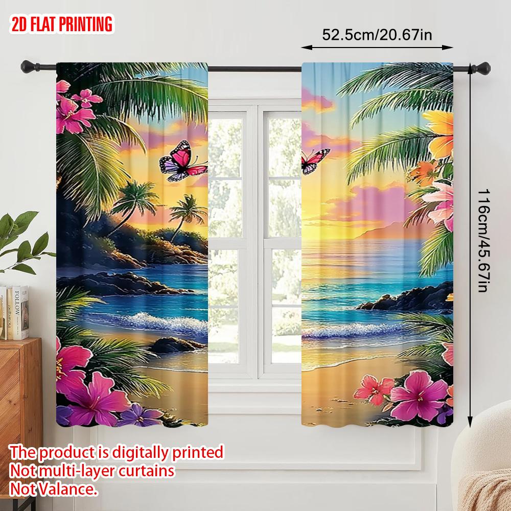 Set Of 2 Plane Printing Popular Curtain Panels Vibrant Flowers Palms Polyester Easy Install Without Rod Versatile All Use Curtains Made