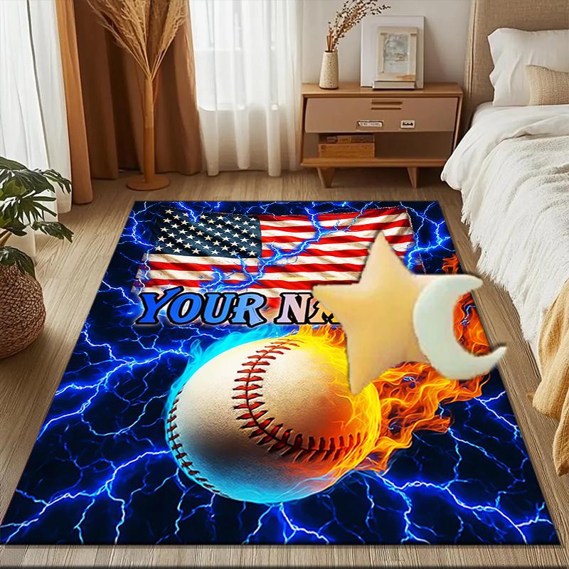 1PC Custom Name American Baseball Fire Theme Floor Mat Ideal for Living Room, Game Rooms, Office, Bedroom,Floor Mat Playful Design