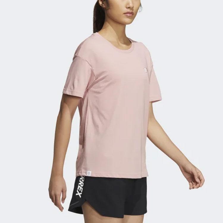 adidas Letter Logo Printed Round Neck Short Sleeve T-Shirt Women Tops Pink HE7340