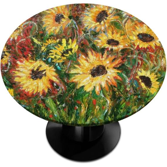 Круглая скатерть с резинкой, масляная краска, цветочная, круглая скатерть с эластичным краем, подсолнух, круглая скатерть, водонепроницаемая, протираемая, скатерть, подходит