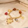 Vintage Retro Stainless Steel Heart Charm Bracelet 18K Gold Plated Large Bracelet With Resin Crystal Beads for Women
