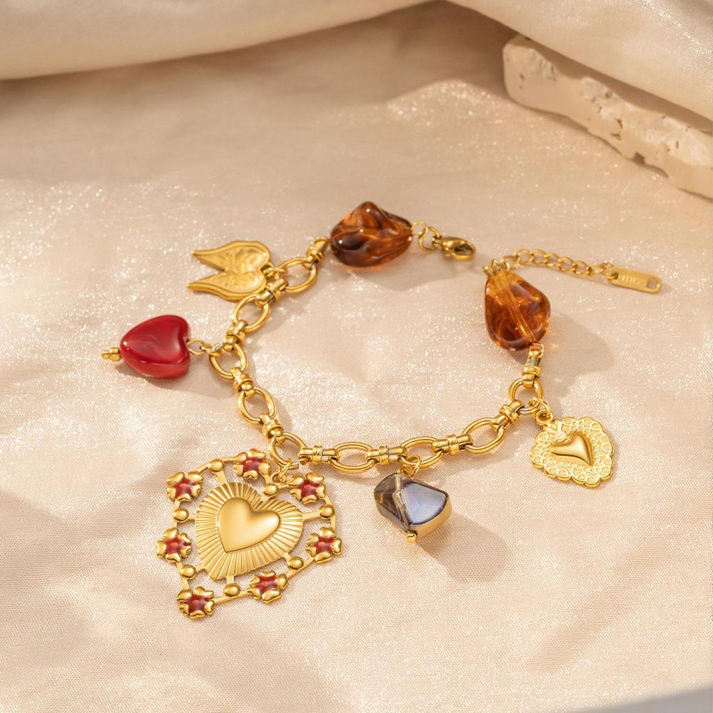 Vintage Retro Stainless Steel Heart Charm Bracelet 18K Gold Plated Large Bracelet With Resin Crystal Beads for Women