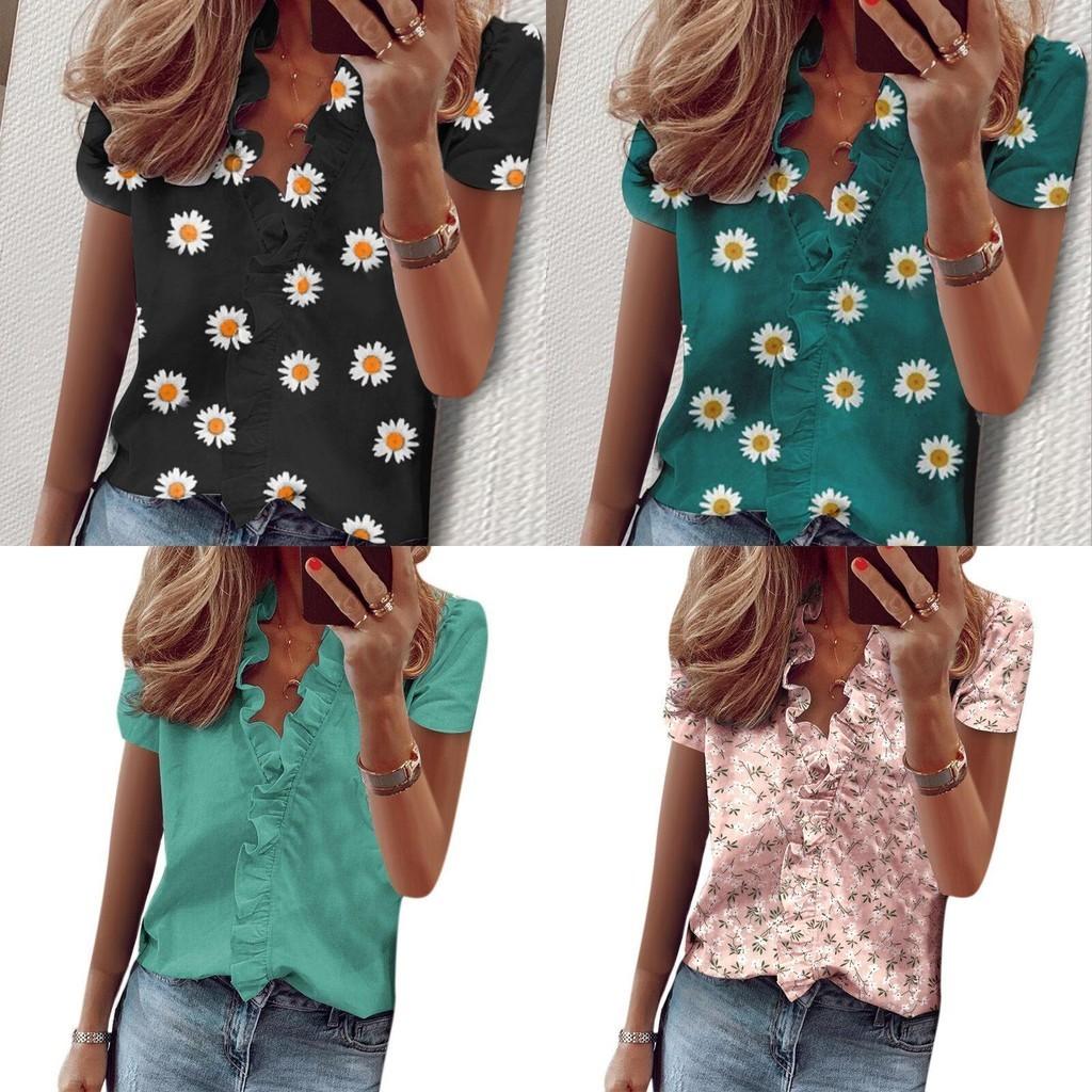 Stylish Women's V Neck Ruffle Short Sleeve T Shirt With Fashionable Daisy Print